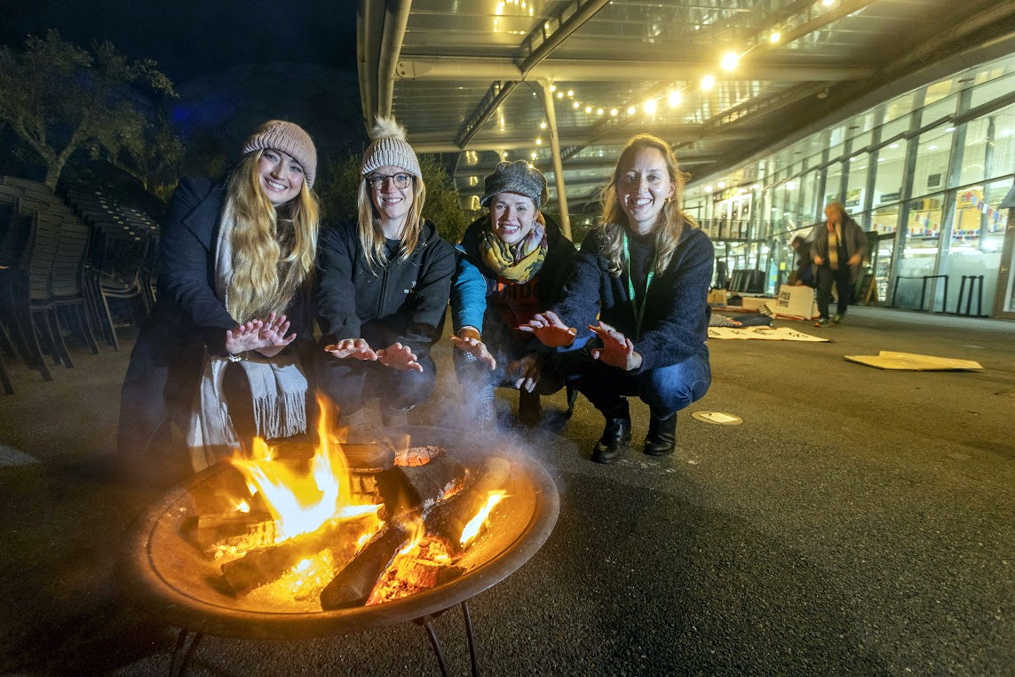 ABOVE: Singer Suzie Mac, St Petrocs’ associate director of fundraising, Lois Wild, Amber’s fundraising manager, Rebecca Fry and Eden’s outreach officer, Lucy Flatman; Below, the last Sleep Out at the Eden Project was very well attended