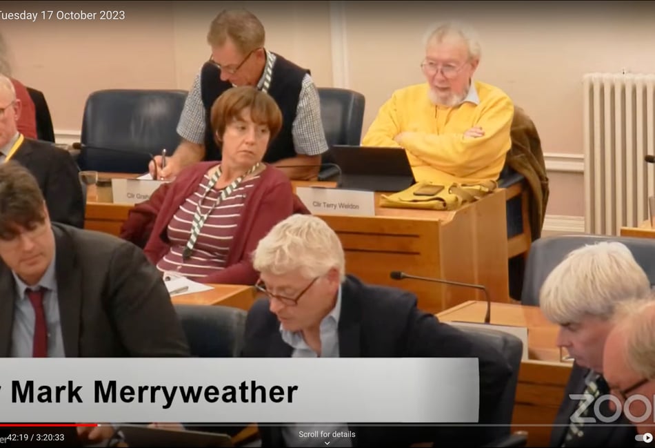 <p>Cllr Mark Merryweather addresses last week’s meeting of Waverley’s full council</p>