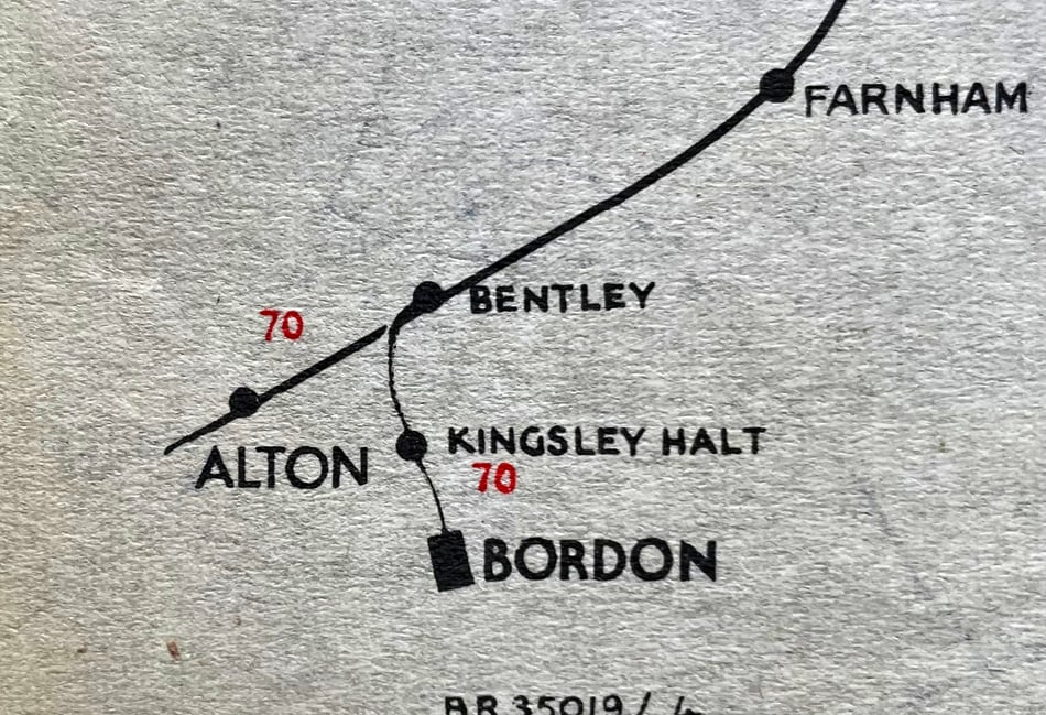 <p>An early British Rail suburban map showing the Bordon terminus</p>