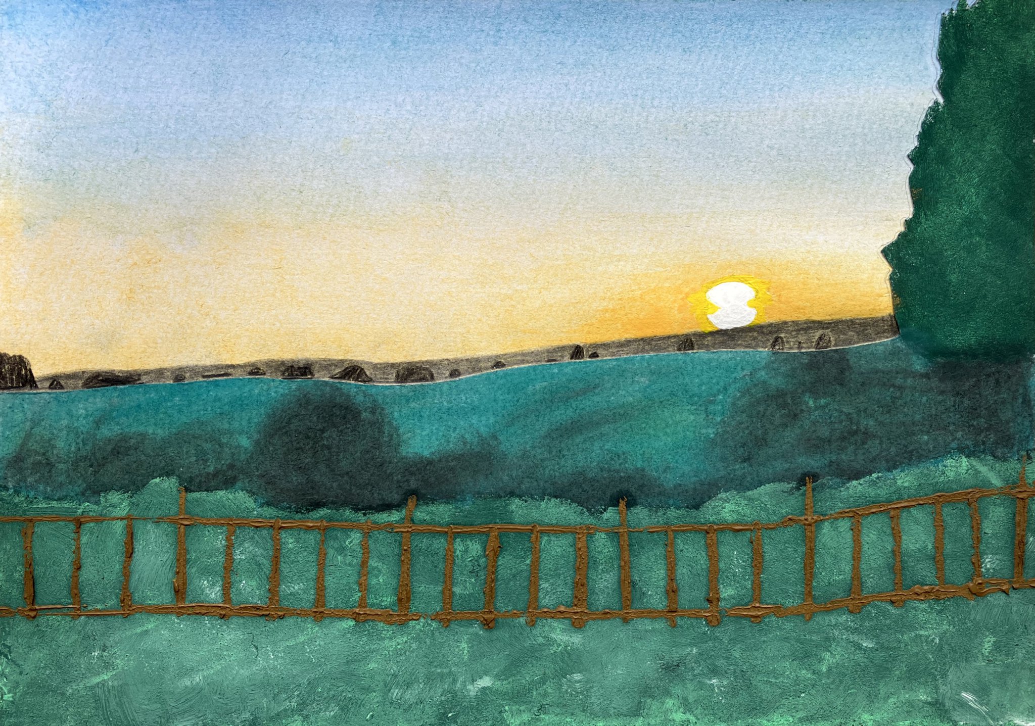 Joint winner in the 7-11 years category: Isla Bedwell, (9) from Membury: Mixed media ‘View from My Garden, Stunning Sunset over Membury, Devon’.