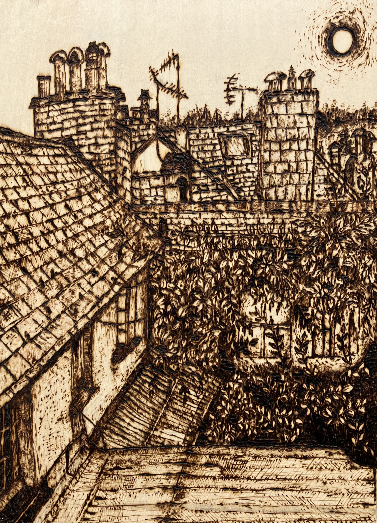 Winner 12-18 years category, Jay Fennell, (15) from Chudleigh: Pyrography on wood, ‘View from my window in Chudleigh’.