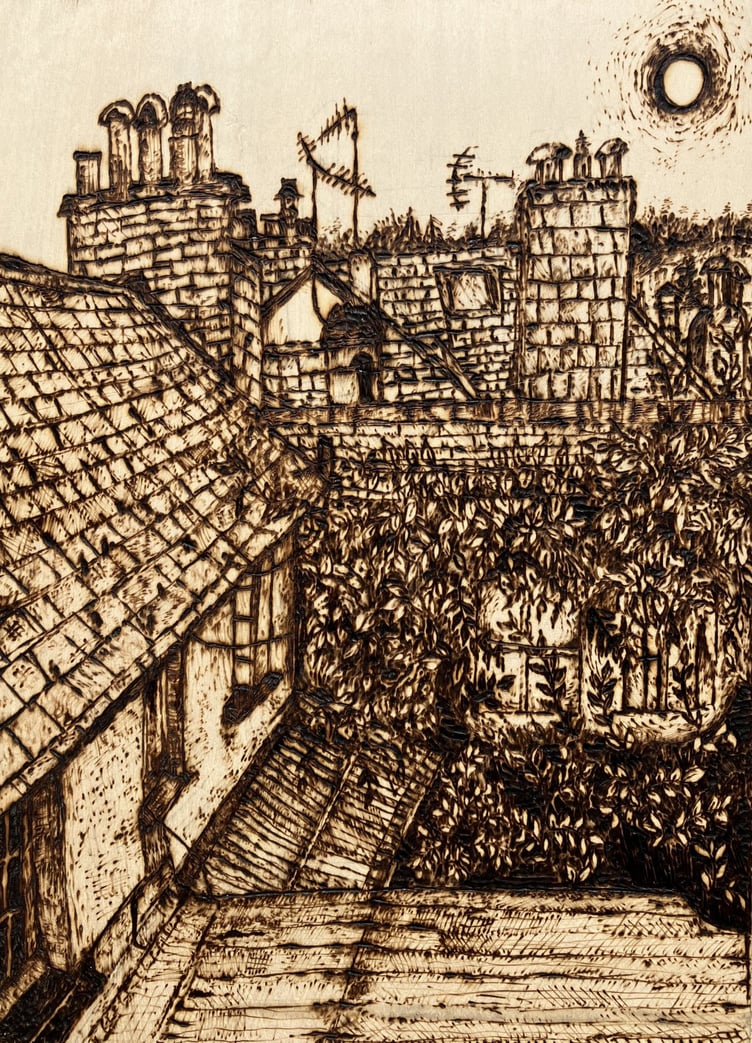 Winner 12-18 years category, Jay Fennell, (15) from Chudleigh: Pyrography on wood, ‘View from my window in Chudleigh’.