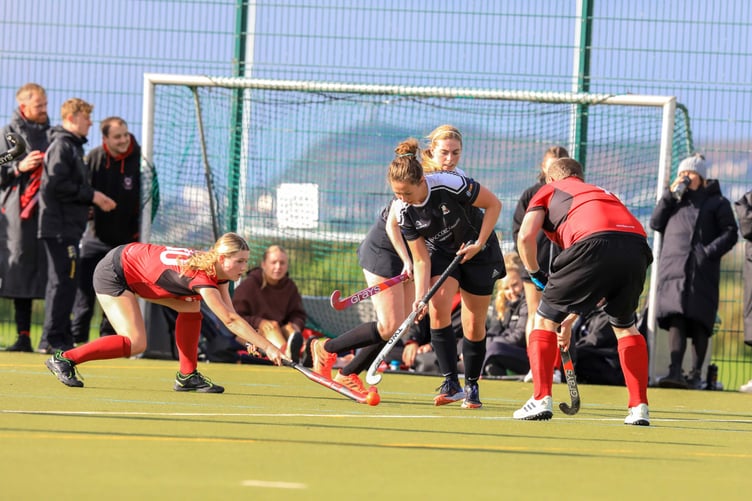 J. Qualtrough & Co Castletown Southerners’ Natalie Clarke-Smith (left) puts a challenge in on Canaccord Genuity Vikings C player Dani Murphy (Callum Staley/CS231021(20))