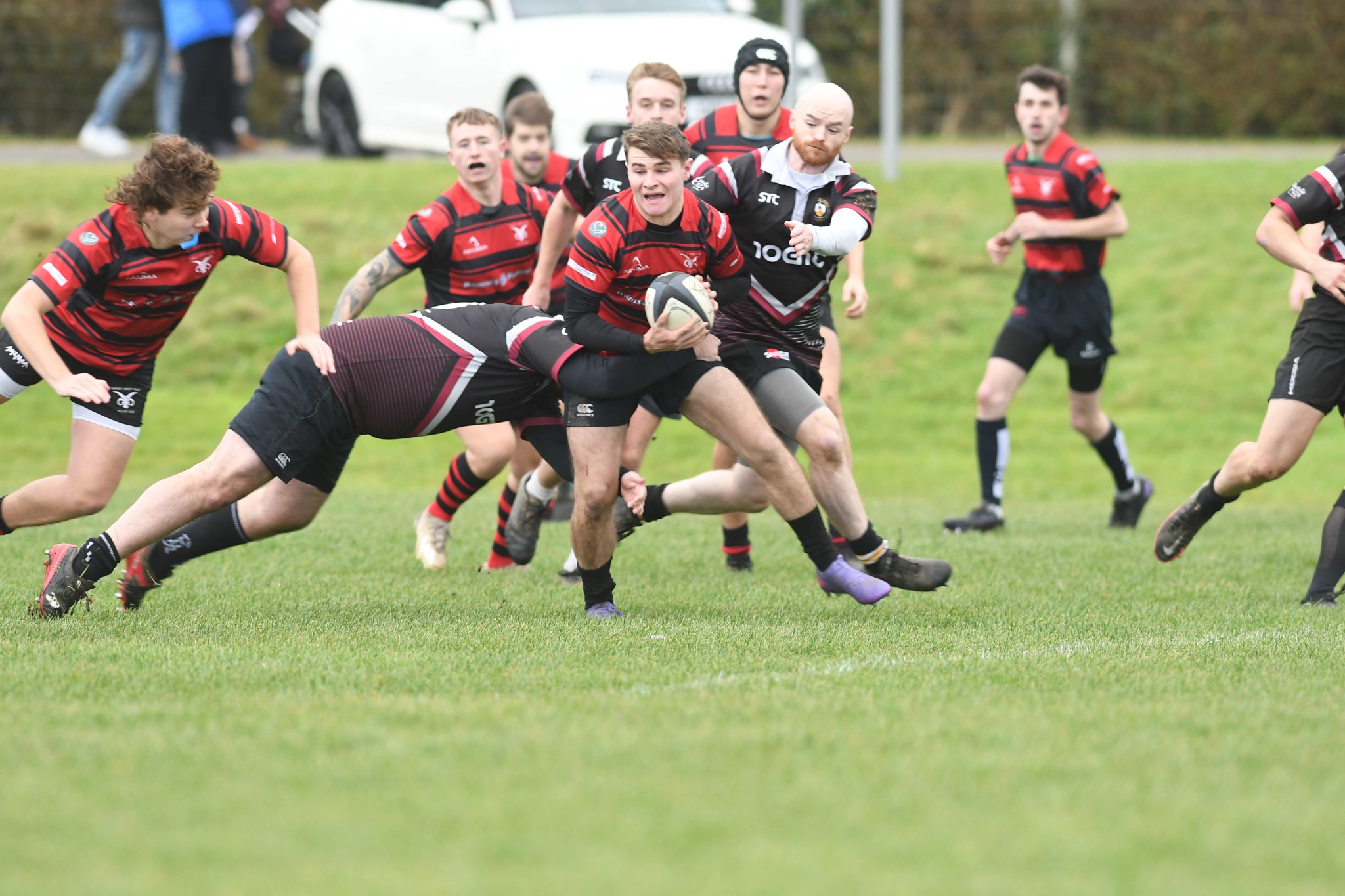 Ramsey’s Josh Leece is caught in possession during his side’s Ravenscroft Manx Shield clash with Western Vikings at Mooragh Park on Saturday. The northerners won the match 57-0 (Dave Kneale DK231028 (61))