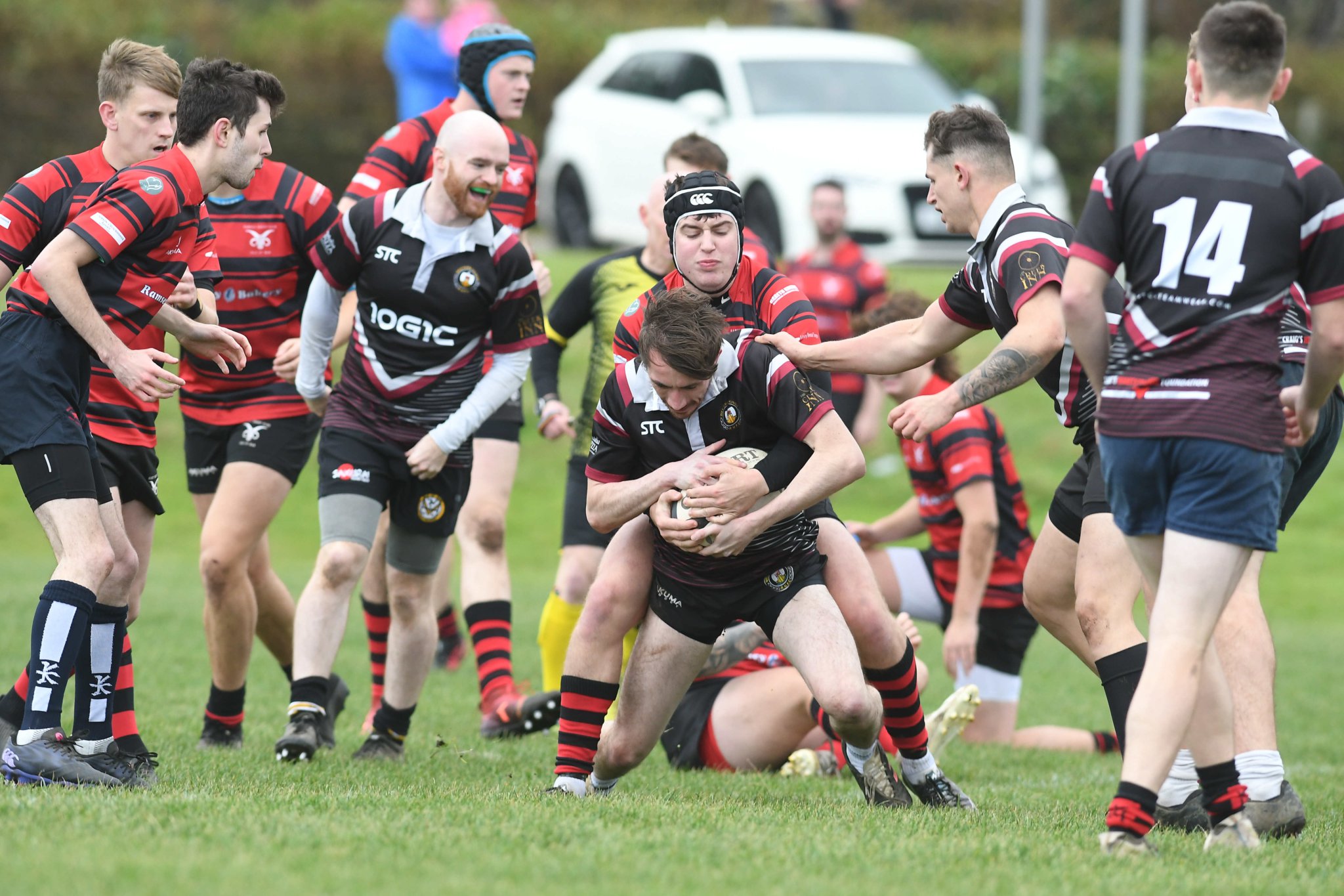 Ramsey’s Jake Richmond snaffles Western Vikings’ Sam Tarpey during their Ravenscroft Manx Shield clash at Mooragh Park last weekendDK231028 (63)