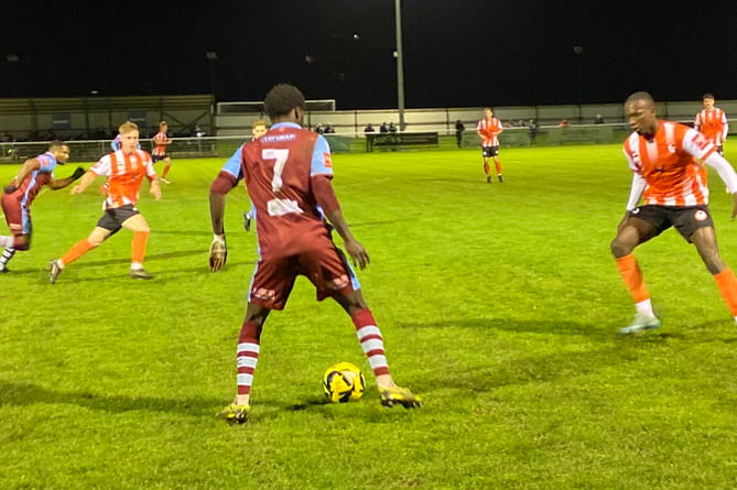 Lamin Ceesay on the ball during Badshot Lea's 3-0 win against Ashford Town