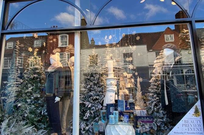 Elphicks 2023 Christmas window display in West Street, Farnham