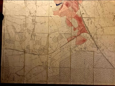 An antiquated map showing the path of the Bordon Light Railway line south-east of Bentley