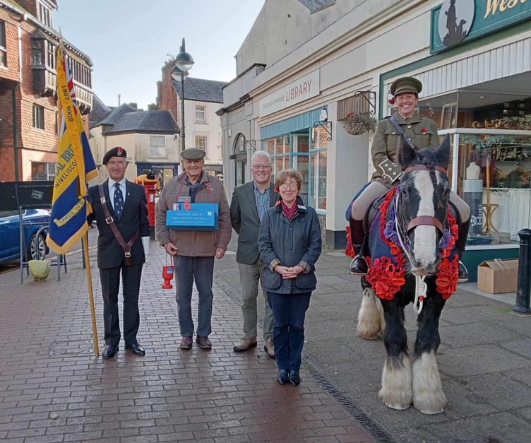 Wiveliscombe's poppy appeal team included RBL standard bearer Steven Wort, president Mike Morin, appeal organiser Victoria Amphlett and husband Roger, and Claire Wilkinson and her horse Captain.