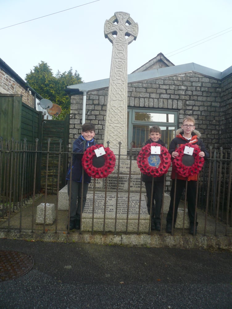 Pupils of Upton Cross Ace Academy who laid the wreaths at the war memorial in Upton cross Lucas Duffy, Mylor McKenzie-Vines and James Watts