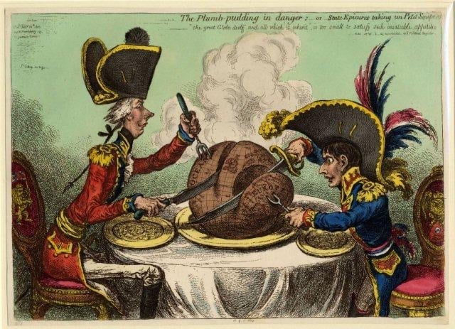 The plumb pudding in danger (1805) by James Gillray