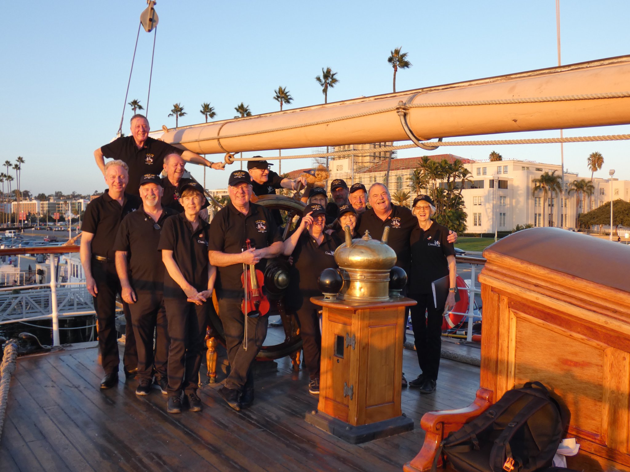 Cloideryn Northern Theatre members aboard the Star of India as they help celebrate the 160th anniversary of her launch from Ramsey Shipyard