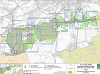<p>The Surrey Hills stretch from Farnham and Haslemere to as far east as Oxted. Highlighted in bright green are the proposed extension areas</p>