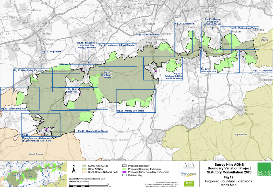 <p>The Surrey Hills stretch from Farnham and Haslemere to as far east as Oxted. Highlighted in bright green are the proposed extension areas</p>