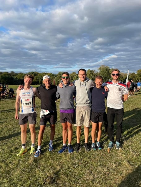 The successful men’s road relay team celebrate their brilliant times at the South of England Road Relay Championships