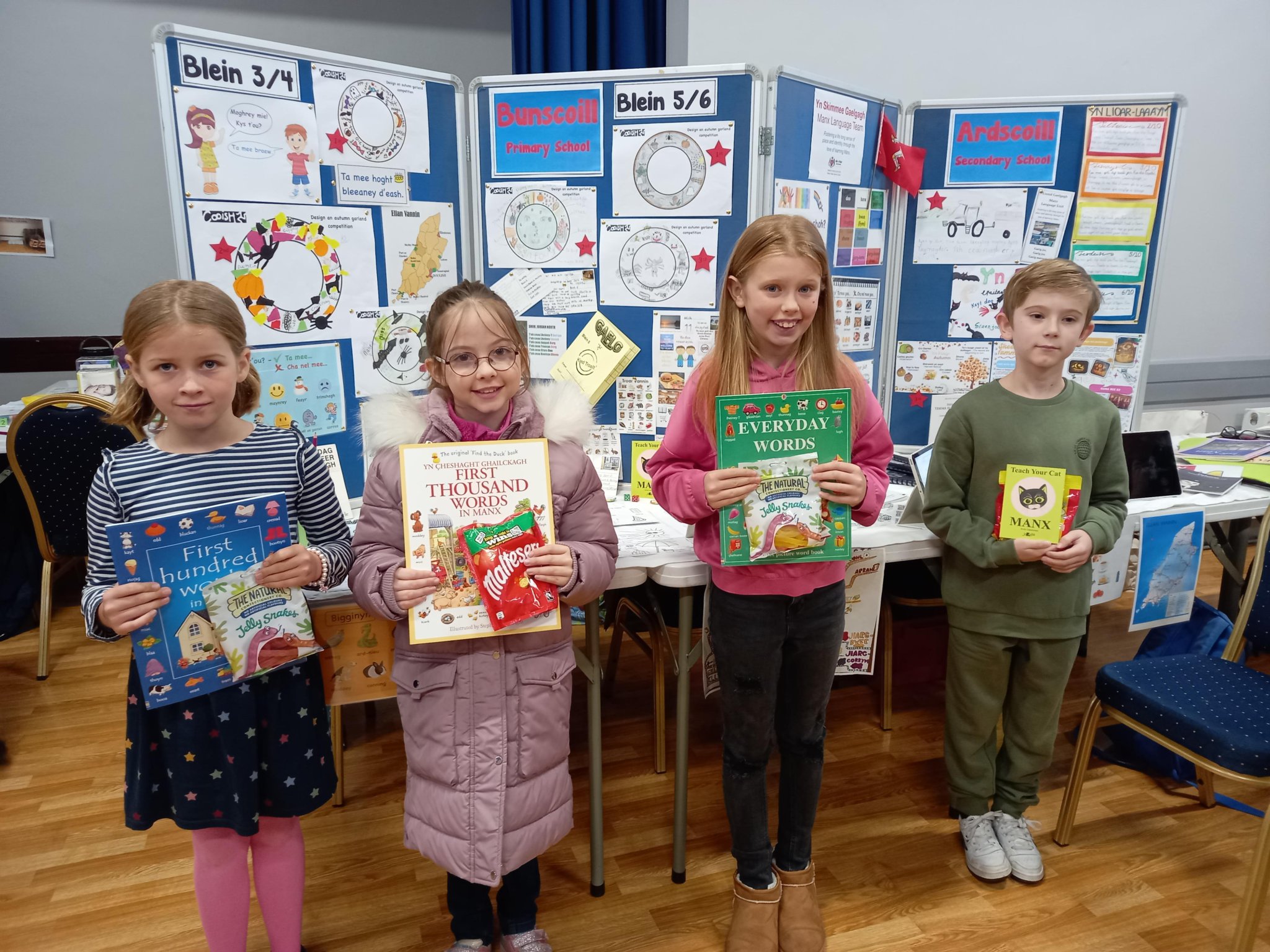 Some of the prize winners from the vocabulary challenge (from left to right) Harriet Summers from Arbory School, Grace Quirk from Ballasalla Primary School, Jazmin Pressley from Willaston and Marco Ferrara from Cronk-y-Berry Primary School.