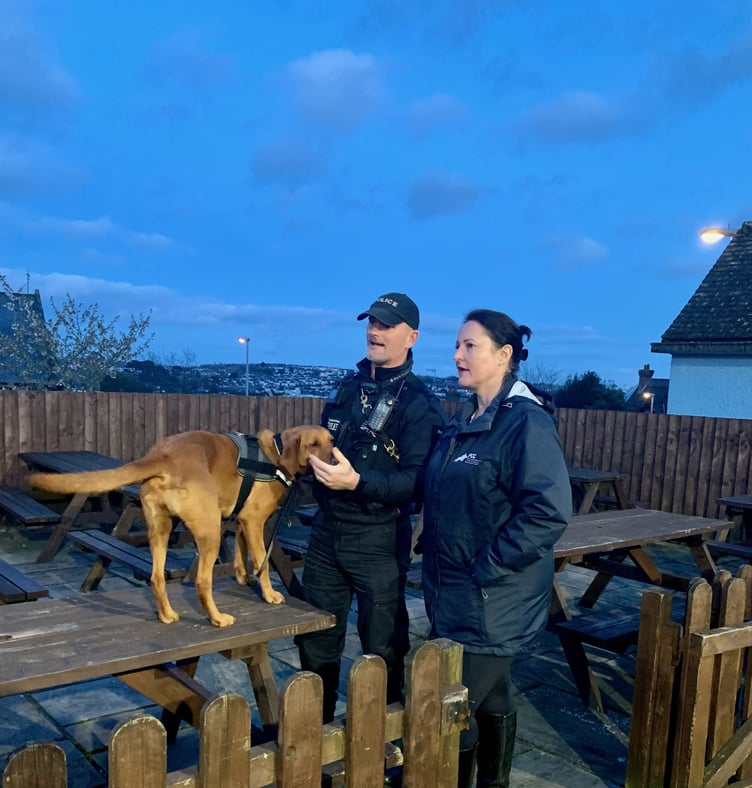 Passive drug dog PD Skye and her handler PC Waters, and the Police and Crime Commissioner, Alison Hernandez