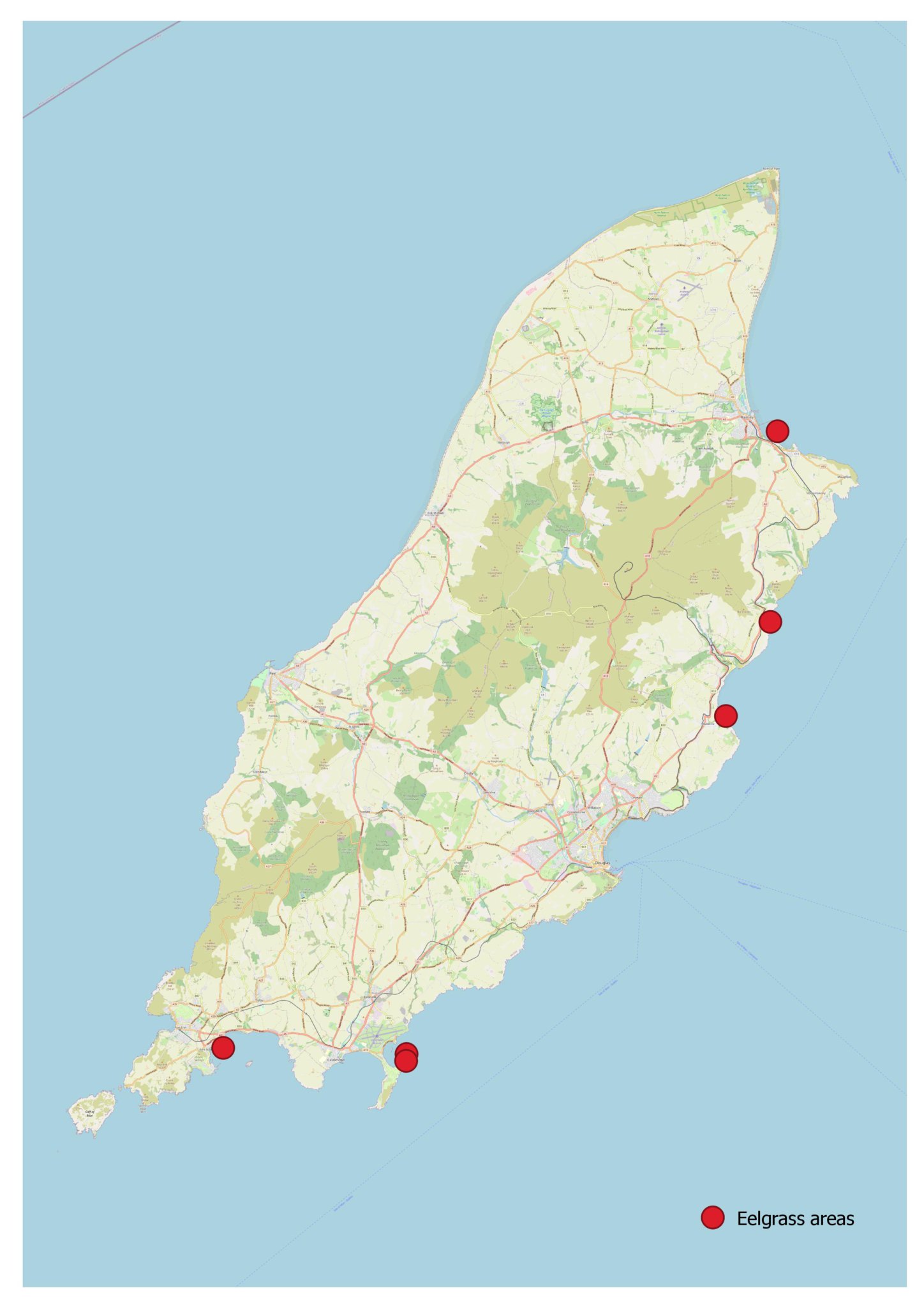 A map showing the location of five eelgrass zones - Ramsey Bay, Bulgham Bay, Laxey Bay, Derbyhaven and Fort Island, and Gansey point