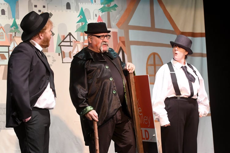 Peel Pantoloons presents Jack and the Beanstalk at Peel Centenary Centre - Duncan Watterson as Bean (left), Dave Harding as Fleshcreep (centre) and Amy Brown as Dunnit (right)