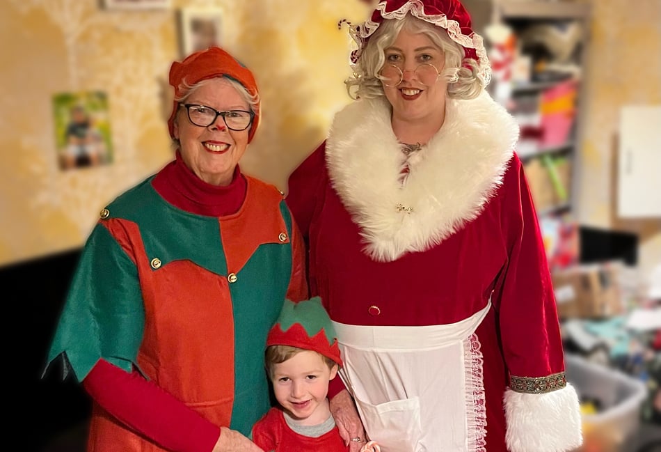 <p>Katie Pollard, seen here with her mum and son - naughty elves Liz Hunt and Bruce - will be dressed up as Mrs Claus until Christmas Eve in a fundraising tribute to her late dad.</p>