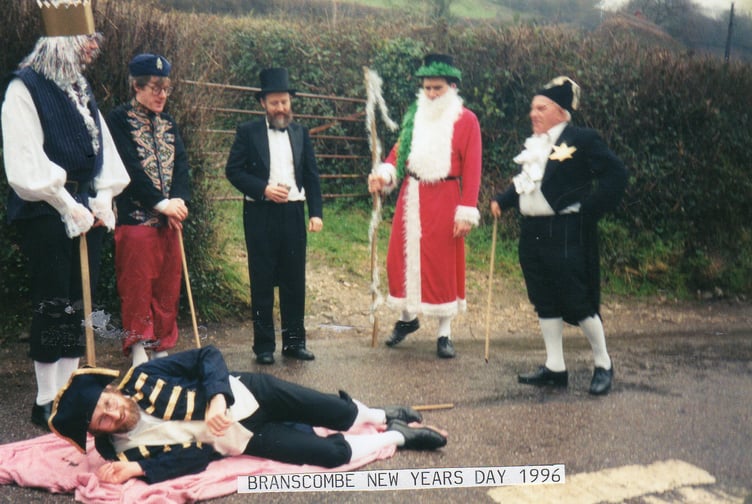 Exeter Morris Men performing the Sidmouth Play at Branscombe on New Year’s Day in 1996.
