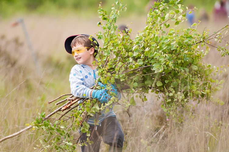 Local school children cut and collect growing tree saplings at Westhay to maintain wetland habitat, Westhay Nature Reserve (Somerset Wildlife Trust), Somerset Levels, Somerset, UK. June 2011. (Model released).