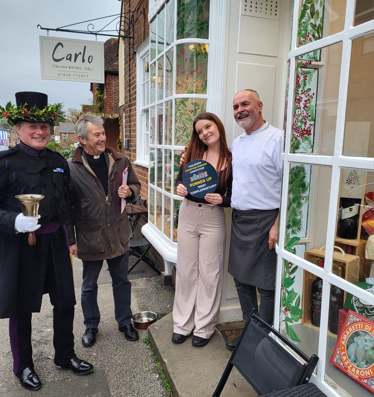 Highly commended contestant - Carlo’s in West Street with town crier Christian Ashdown and Rev. Justin Manley-Cooper