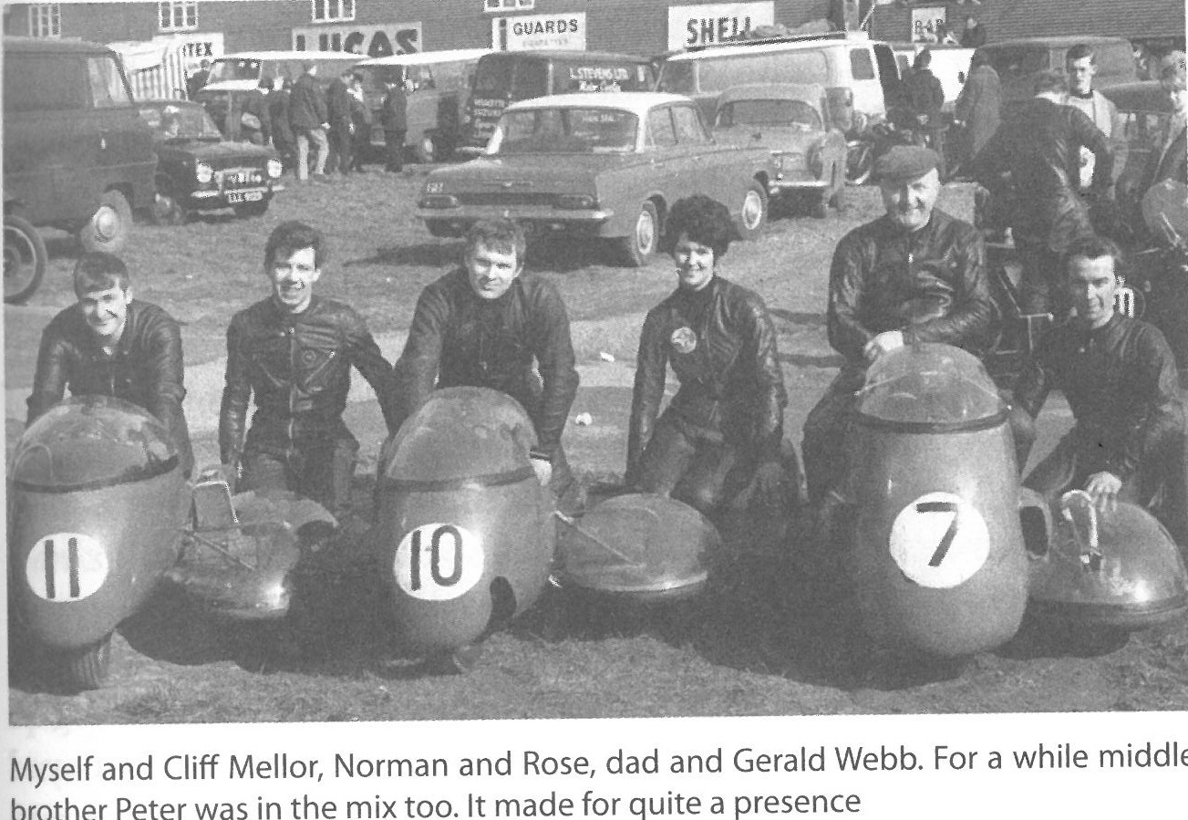 Hanks family line-up: Pictured at a UK short circuit meeting in the 1960s (l-r) Roy Hanks with Cliff Mellor, Norman Hanks with Rose Arnold (Roy’s wife-to-be), Fred Hanks with Gerald Webb. Middle brother Peter Hanks also raced