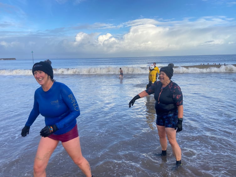 A pair of dippers leave the water at Minehead Beach.
