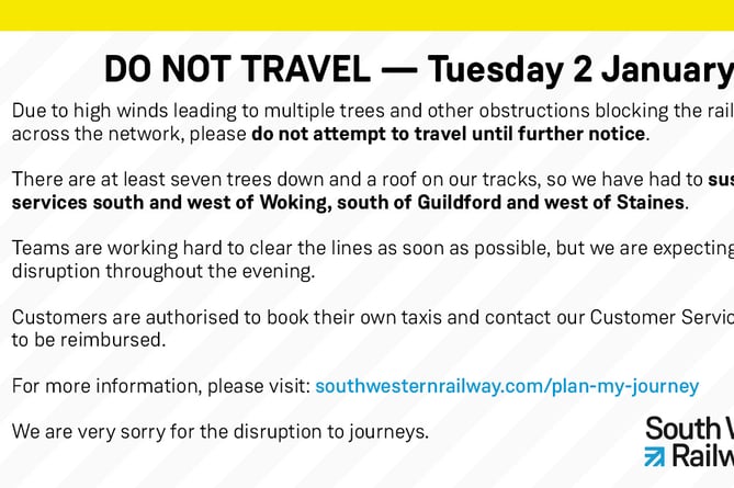 South Western Railway is advising passengers not to travel by rail on Tuesday evening because of 'extreme' disruption caused by Storm Henk