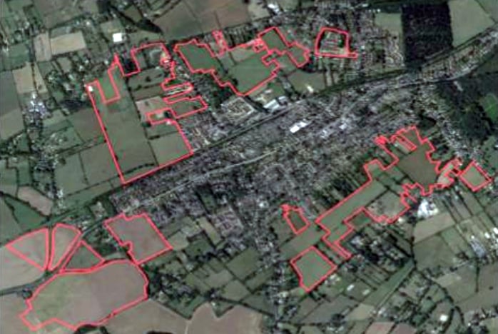 <p>The areas highlighted in red are potential sites for new housing in Four Marks and Medstead</p>