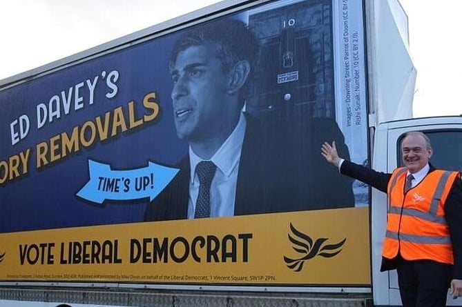 Lib Dem leader Sir Ed Davey launches his party's 'Tory removal service' in Surrey