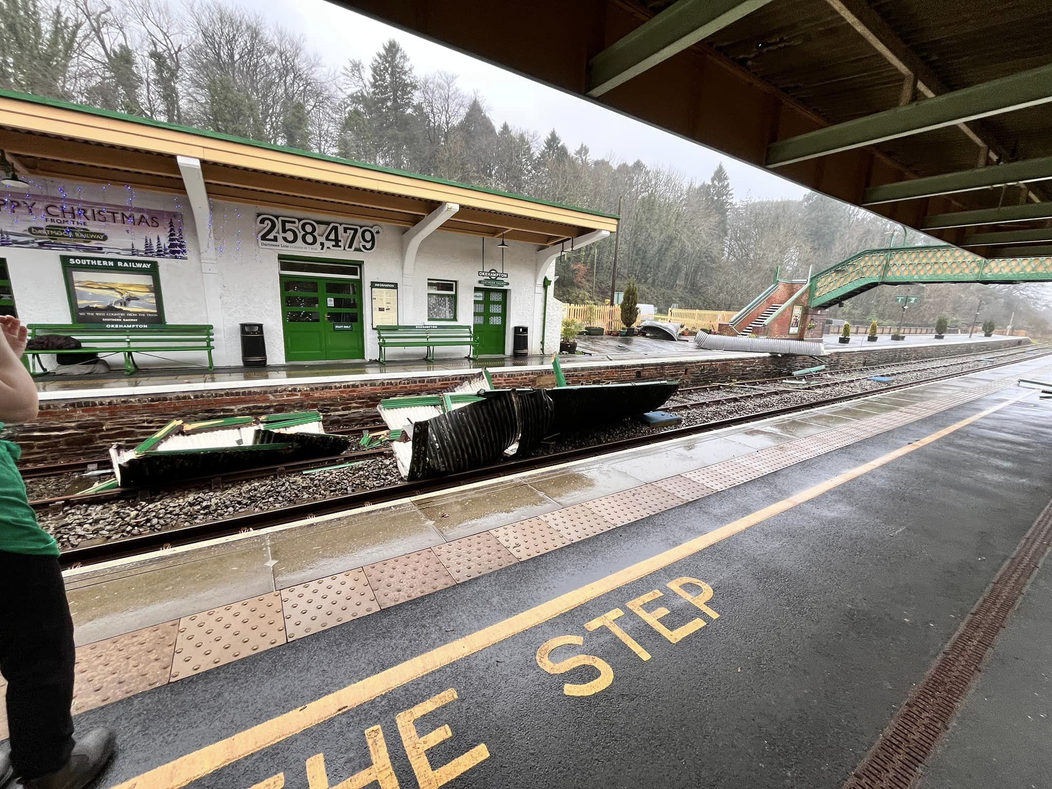 The roof of a footbridge at Okehampton Station was damaged, blowing debris onto the track and disrputing some services. Picture: Haydon Beagley