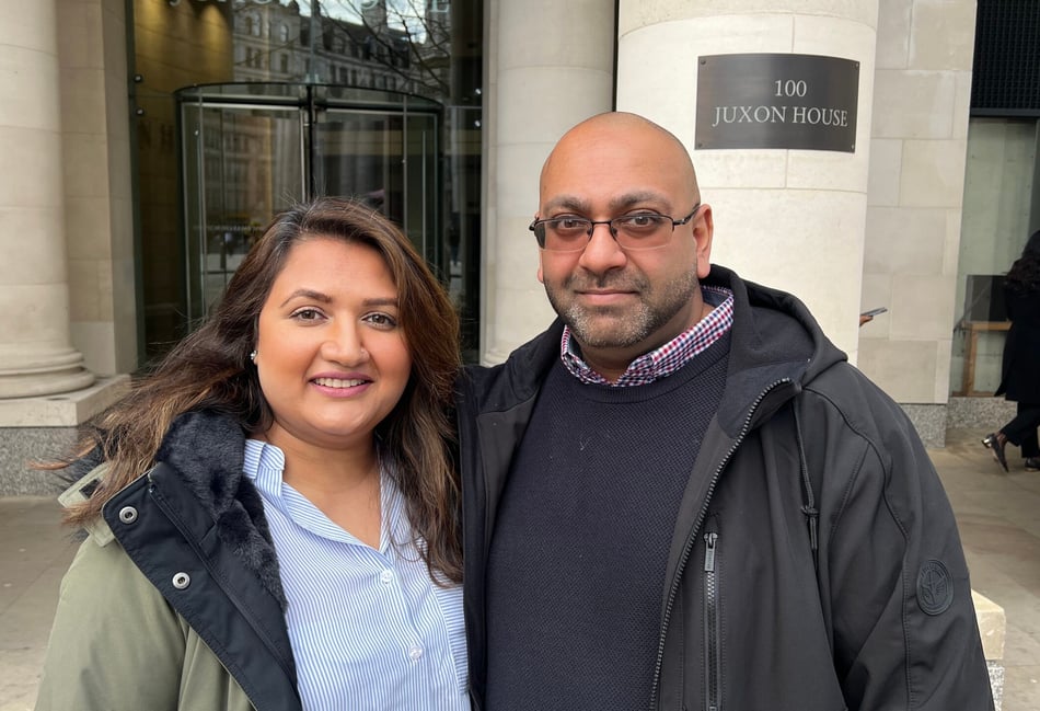<p>Chirag Sidhpura and wife Rushita Patel in London after attending the Post Office Horizon IT Inquiry</p>