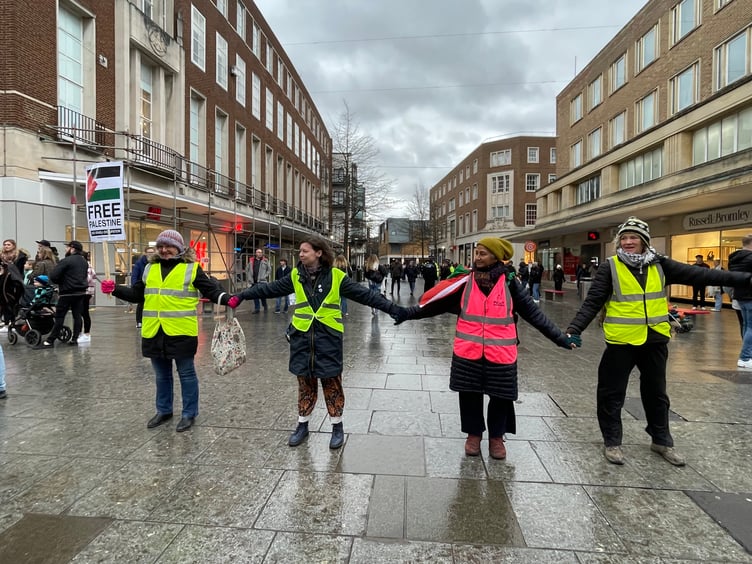 Protestors formed a barrier at Bedford Square.