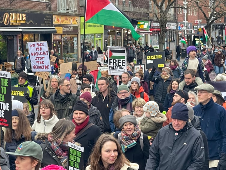 During the march in Exeter demanding a ceasefire in Gaza.