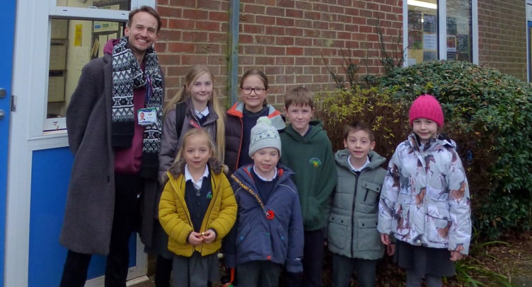 Medstead Primary School headteacher Matt Hunt with some of the pupils who are Young Environmentalists, January 2024.