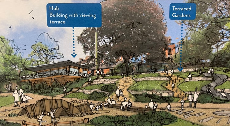 An image of the Hub proposal and new gardens for Newcombes Meadow from the Masterplan consultation documents. AQ 3621