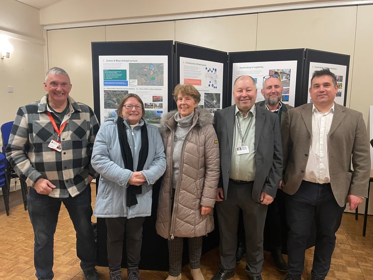 Some of those who attended the Masterplan consultation event, from left, Cllr Guy Cochran (MDDC and Crediton Town Council), Denise Ross, Cllr Natalia Letch (MDDC and Crediton Town Council), Adrian Welsh and Andy Robbins (MDDC) and Peter Koch, LHC Design. AQ 3636