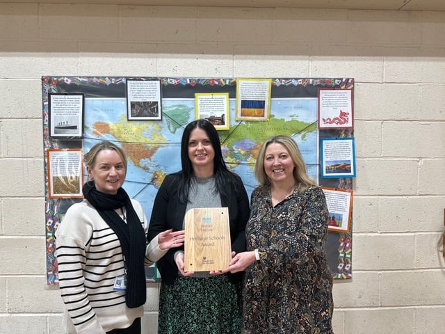 <p>Left to right: Headteacher Sheila Buckley, history leader Agnieszka Ryder, Surrey museums partnership Haidee Thomas</p>