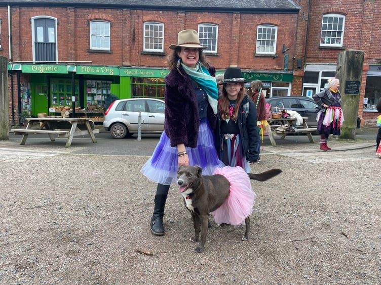 A dog in a TuTut with its owners in Crediton. AQ 4788