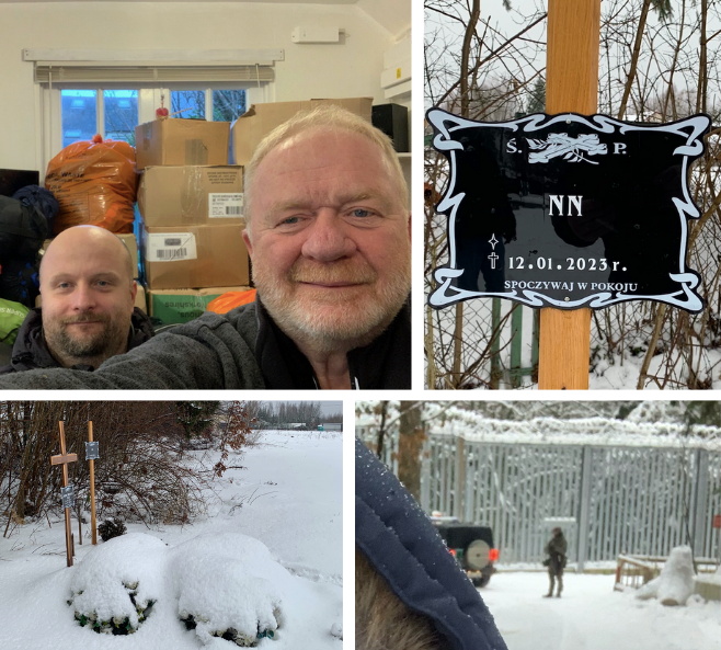 Top Left: Kim Campbell and Adam Wrobel. Top Right: paid their respects to some of those who have lost their lives due to this crisis. Bottom Right: The pair faced armed border guards during their trip
