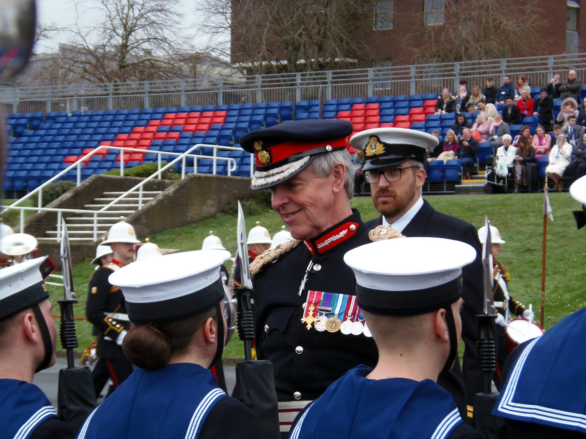 Lord Lieutenant reviews the passing-out class on parade at HMS Raleigh, Torpoint