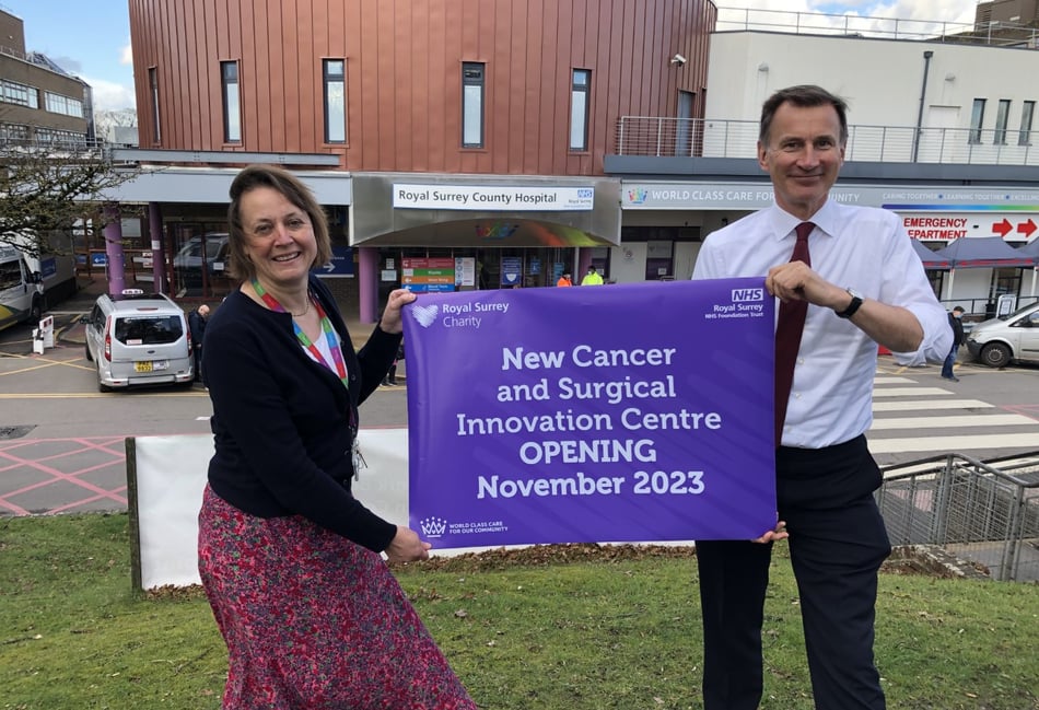 <p>Jeremy Hunt MP outside the Royal Surrey County Hospital with Louise Stead</p>