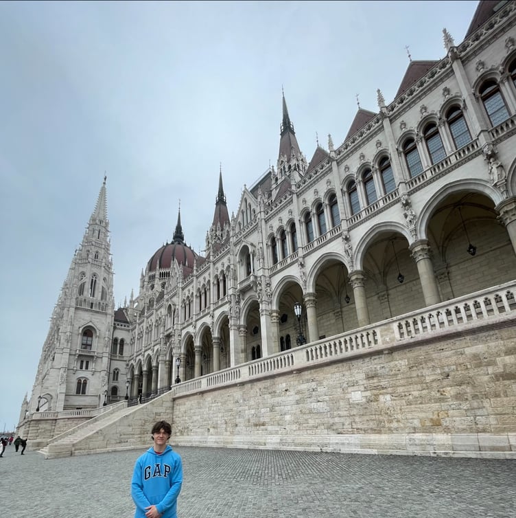 Outside the Hungarian Parliament, in Budapest, during Anthony Knight's tour.