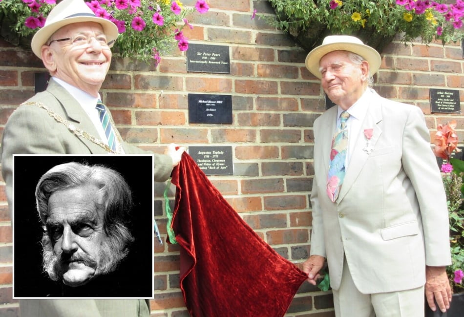 <p>A plaque dedicated to Peter Pears (inset) is on the Famous Names of Farnham wall on South Street </p>