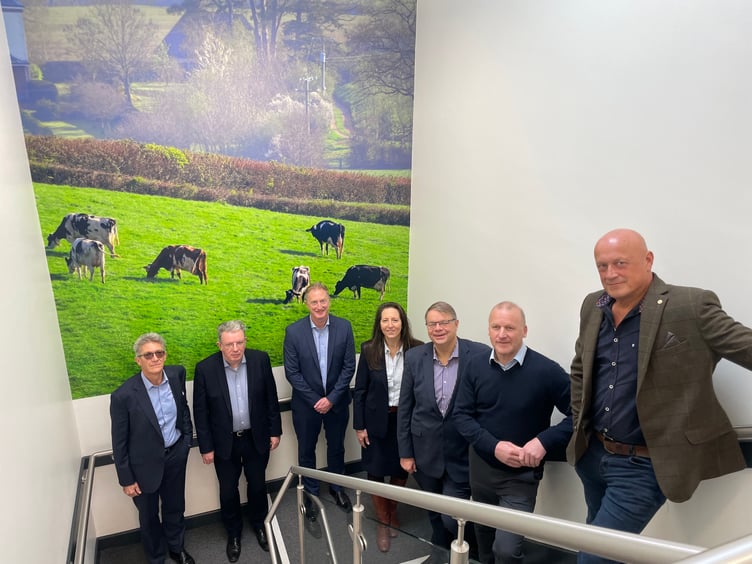 The Leadership Team on the new stairs at Crediton Dairy head office. AQ 5455