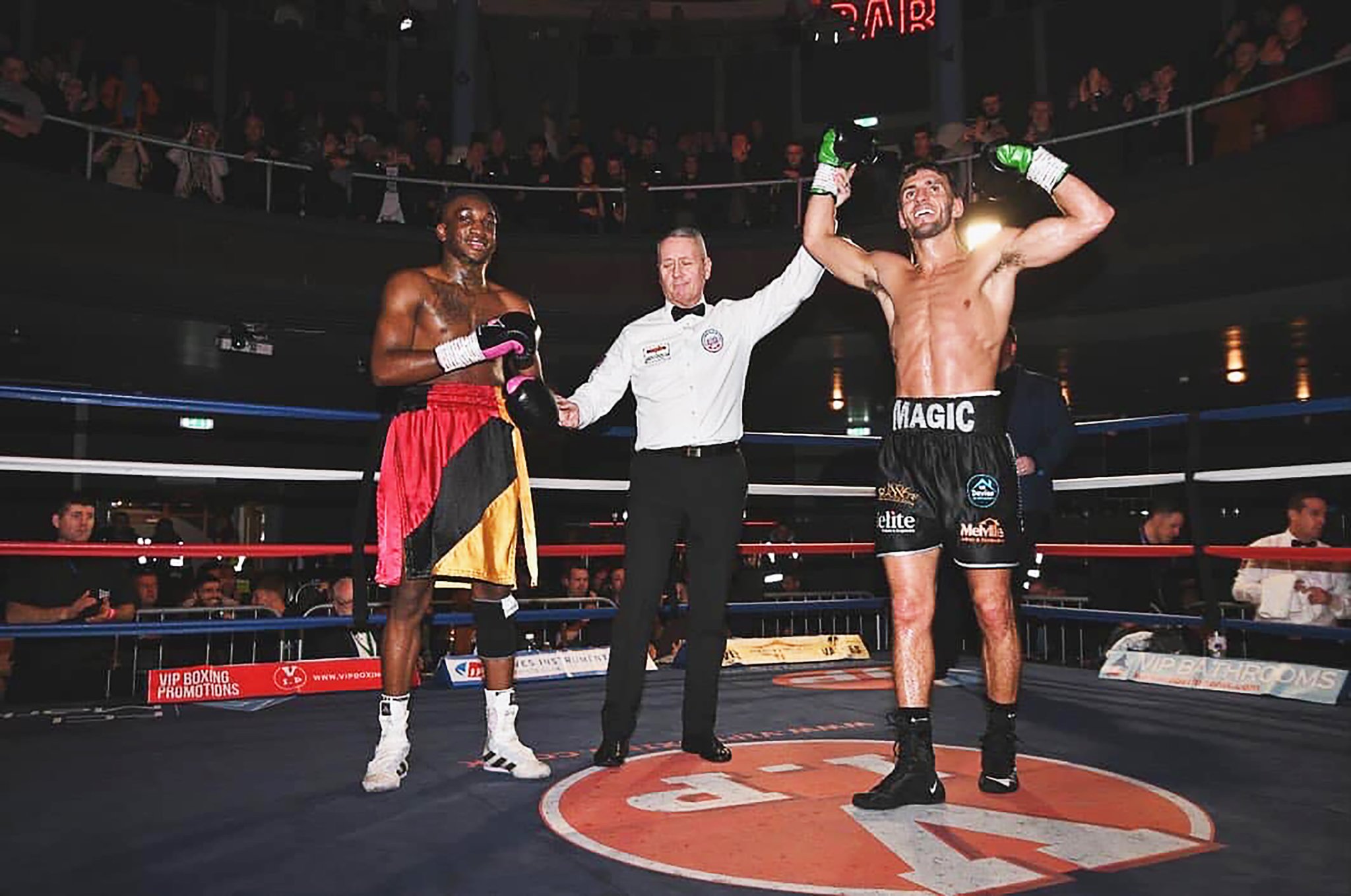 Manxman Rennie’s hand is raised as his victory is confirmed, having won all six rounds to claim a 60-54 points win