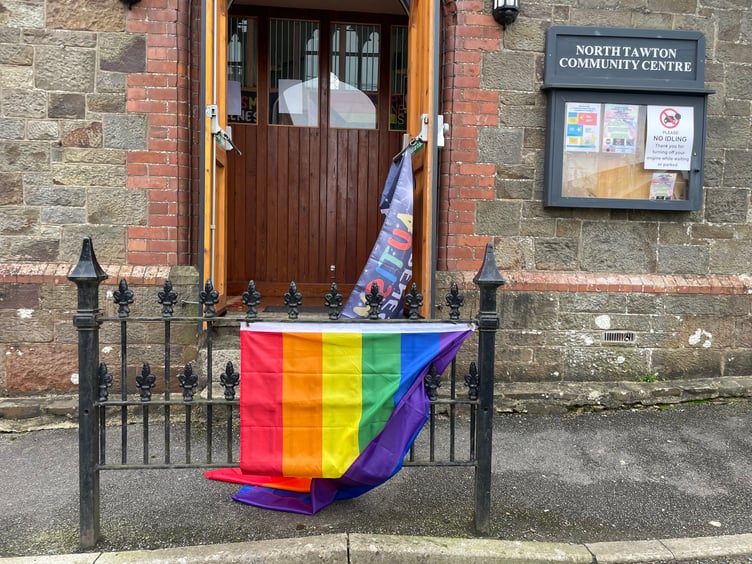 A flag outside North Tawton Community Centre. AQ 5920