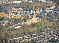 <p>Guildford Cathedral and Stag Hill from the air</p>
